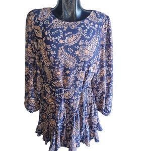 Blush BJ Navy Blue Paisley Print Long Puff Sleeve Ruffled Hem Mini Dress L